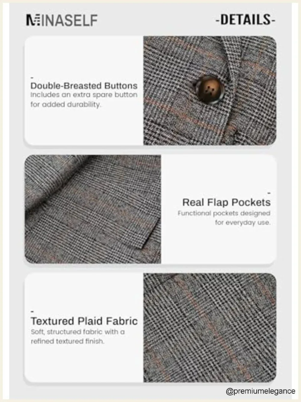 Plaid Houndstooth Blazer Double Breasted Notch Lapel Padded Shoulders Women’s